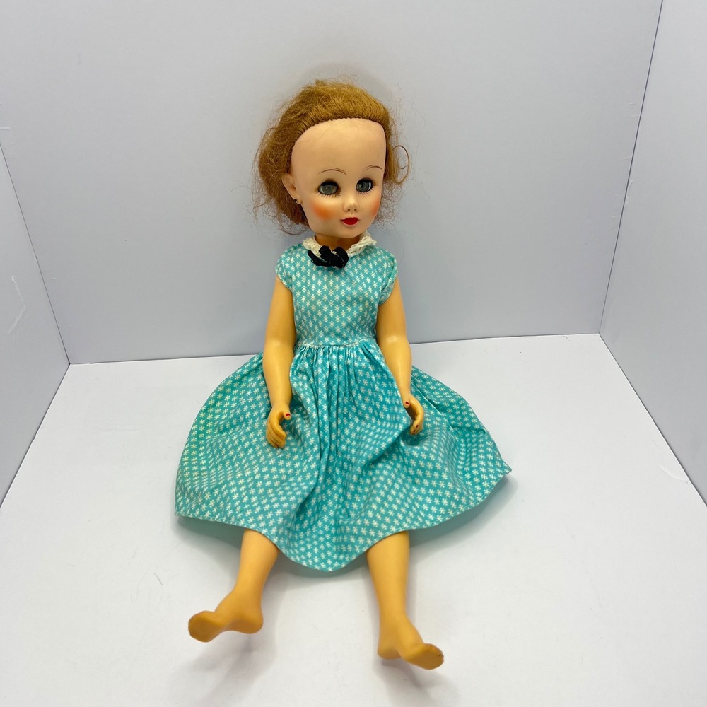 Vintage 1950s High Heeled Fashion Doll Teal Floral Dress 14R Marked Sleep‎ Eyes